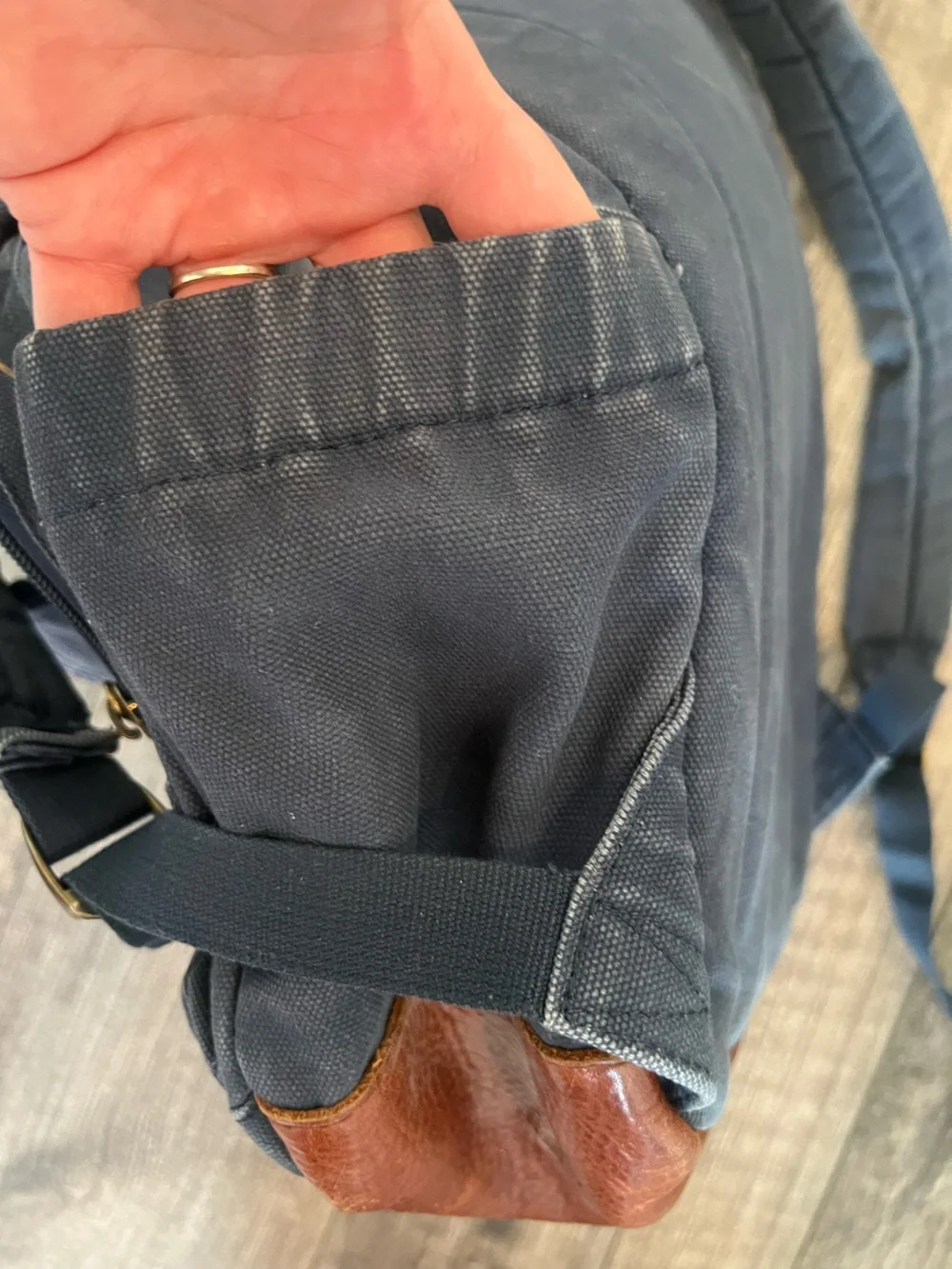 Duluth Trading Co Navy Canvas Backpack with Brown Leather Trim